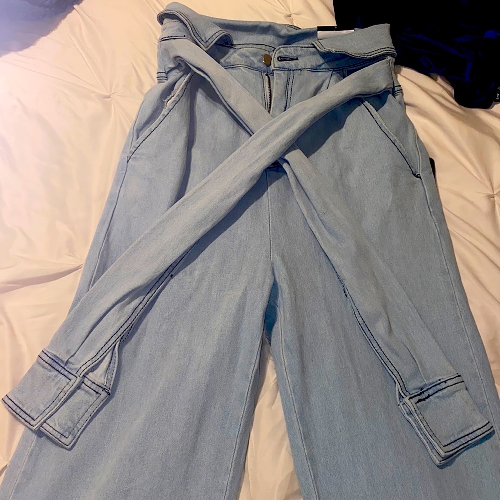Tie front wide leg denim pants